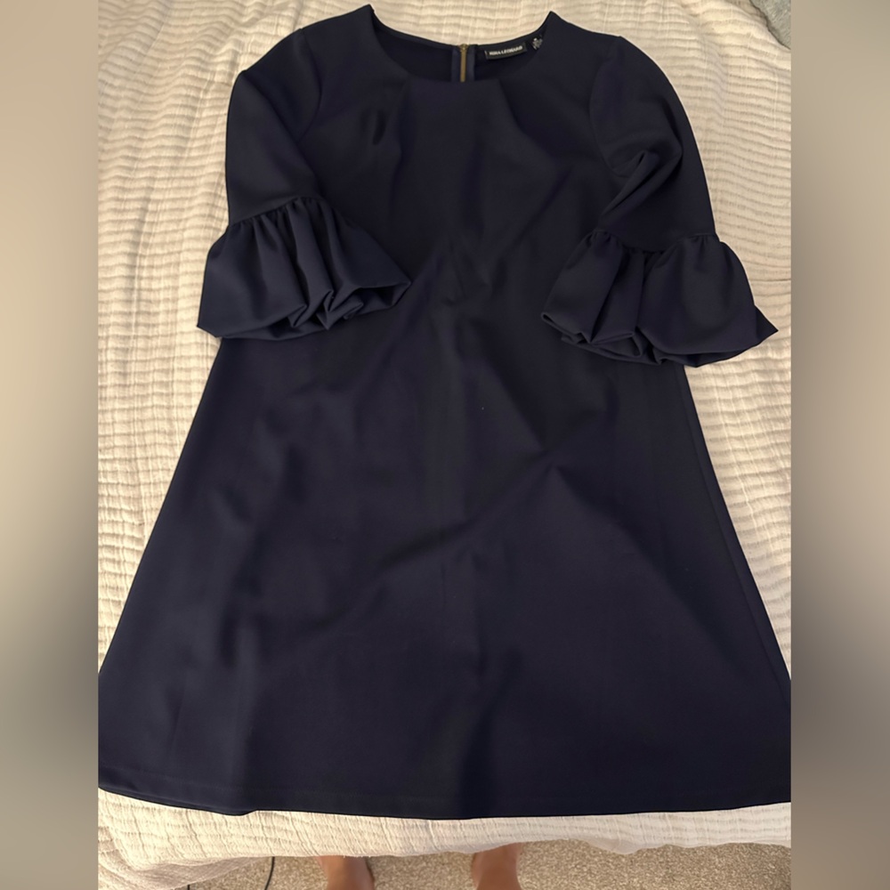 Nina Leonard Blue Ruffled Midi Dress with Bell Sleeves
